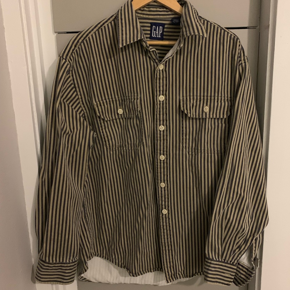 Gap Vintage Denim Green Black Stripe Long Sleeve Button Up Shirt Men’s Large